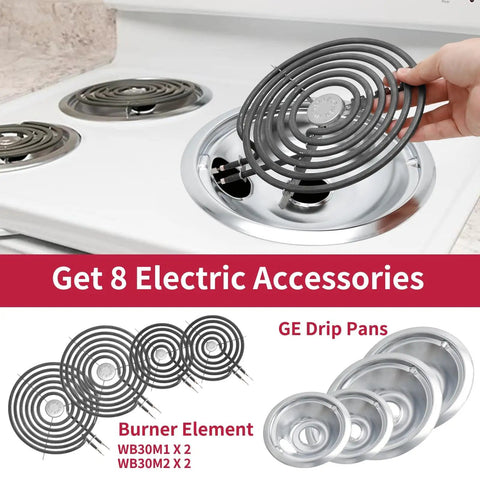 Drip Pans And Burner Element Unit Set For GE Hotpoint Electric Stoves WB30M1 WB30M2 Replacement shown on a stove