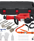 Solid Build Heavy Duty Electric Jack Hammer Concrete Breaker Demolition Rig with case, tools, and safety gear.
