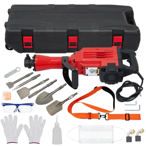 Solid Build Heavy Duty Electric Jack Hammer Concrete Breaker Demolition Rig with case, tools, and safety gear.