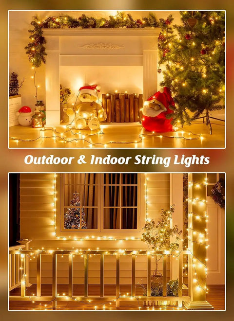 Two Pack 80 Foot 200 LED Solar String Lights Outdoor Waterproof with Eight Modes Auto On Off on mantle and porch