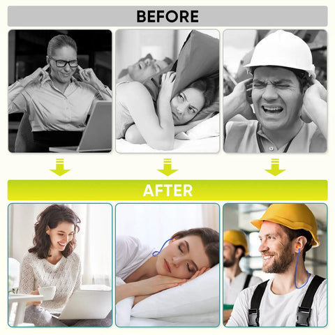 Before and after effects of Silicone Sleep Ear Plugs for Sleeping and Travel, Noise Canceling 25dB NRR, 48 Pairs.