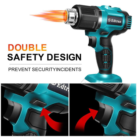 Cordless Heat Gun For 18V LXT Batteries, 2 Temp Settings Up To 932F, Includes 3 Nozzles, Hot Air Tool For Crafts showing flame and safety features