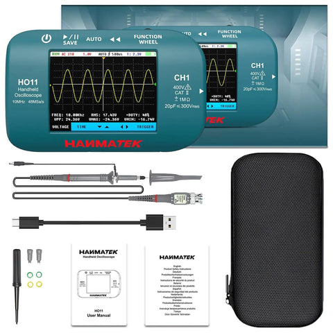 On The Go Handheld Digital Oscilloscope With 10MHz Bandwidth 48MSaS Sampling 2.8 Inch Color Display and accessories