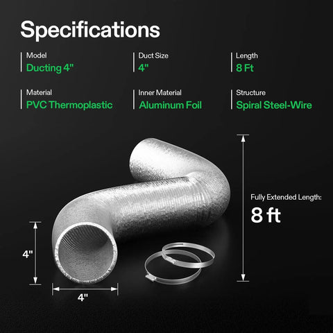 2-Pack 6 Inch Flexible Aluminum Ducting 8 Feet Long For Dryer Vent Hose In HVAC Ventilation Systems, spiral design with clamps