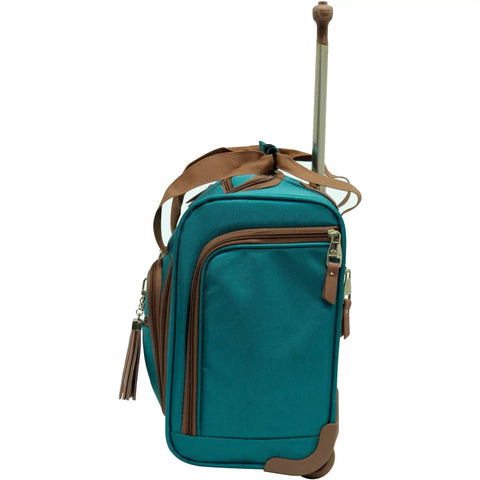Side view of teal underseat bag from Lightweight Softside Spinner Luggage Set, 3 Piece Expandable Travel Case Bundle with wheels and handle