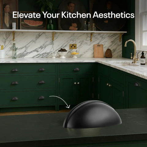 Sleek 3 Inch Cup Drawer Pulls Matte Black 10 Pack Half Moon Cabinet Handles on dark marble countertop in stylish kitchen.