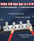Heavy Duty Two Hundred Fifty Amp Marine Bus Bar With Thick Copper Core Twelve Volt Power Distribution Block showing terminals and copper leads