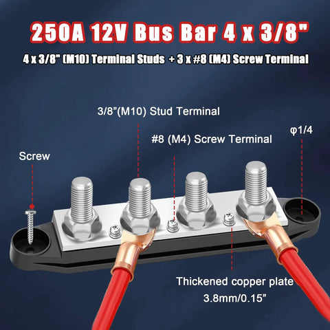 Heavy Duty Two Hundred Fifty Amp Marine Bus Bar With Thick Copper Core Twelve Volt Power Distribution Block showing terminals and copper leads