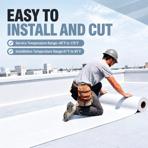 Worker installing 1 Roll EPDM Rubber Roofing Membrane 50 Mil Thick 39 By 15 Ft White Vulcanized Sheet on rooftop.