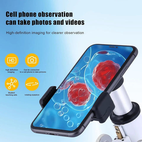 Smartphone attached to High Power Monocular Compound Microscope For Home School Science Labs With 12000X To 50000X Magnification