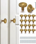 Antique Brass Cabinet Knobs Set, 20 Pack Vintage Drawer Pulls For Dresser with screws displayed on cabinet doors.