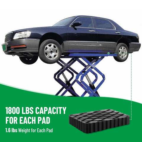 Racewill 4-pack solid rubber auto lift pads for car lifts; black textured blocks on a scissor lift, side view