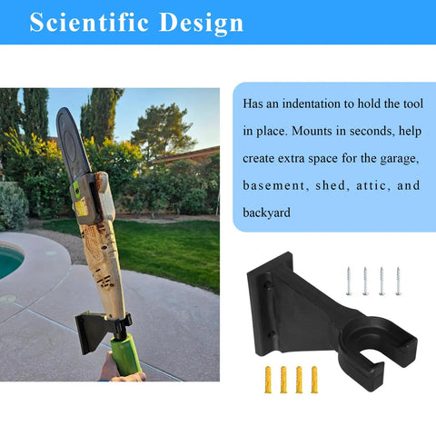Heavy Duty Wall Mount For Garden Tools And Trimmer Storage next to screws, outdoor and garage space with trimmer visible