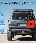 SUV with mounted 5 Liter Fuel Storage Tank With Bleed Valve And Transfer Pump, Portable Gas Jug for Cars, Motorcycles, Boats