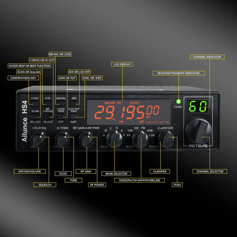 Long Range 10 Meter Ham Radio Base Station Transceiver with control panel and labeled functions for precise operation.