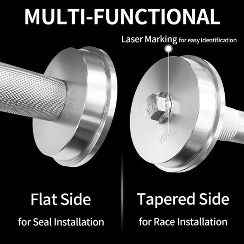 Close-up of 10 Piece Bearing Press Kit Universal Race and Seal Driver Set showing flat and tapered sides for installations.
