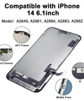 IPhone 14 OLED Screen Replacement Kit 6.1 Inch With 3D Touch Digitizer FHD Display Not LCD Waterproof Adhesive Screen Protector And Repair Tools Included showing AFC frame, IC, and front camera points.