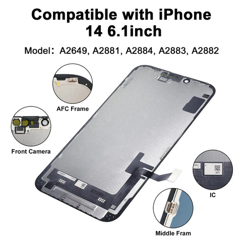 IPhone 14 OLED Screen Replacement Kit 6.1 Inch With 3D Touch Digitizer FHD Display Not LCD Waterproof Adhesive Screen Protector And Repair Tools Included showing AFC frame, IC, and front camera points.