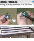 Heavy Duty Stainless Steel Conveyor Rollers 2 Inch Diameter Set Of 5 For Belt Conveyors And Gravity Rails With Spring Shaft Replacement Built Tough Workhorse Kit showing spring mechanism and assembled in conveyor frame.