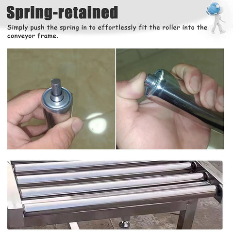 Heavy Duty Stainless Steel Conveyor Rollers 2 Inch Diameter Set Of 5 For Belt Conveyors And Gravity Rails With Spring Shaft Replacement Built Tough Workhorse Kit showing spring mechanism and assembled in conveyor frame.