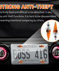Spike Shape Anti Theft License Plate Screws Kit, 4 Pack, shown installed on car with aluminum spikes and orange finish