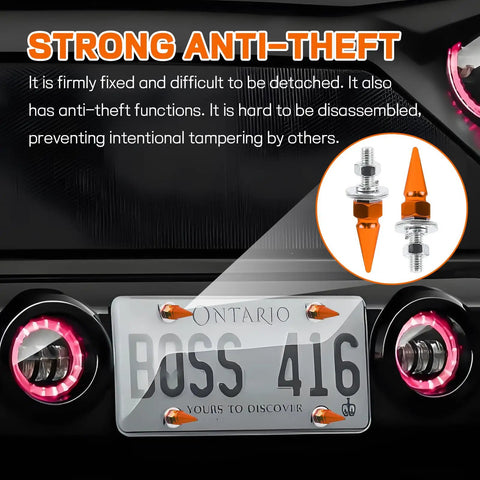 Spike Shape Anti Theft License Plate Screws Kit, 4 Pack, shown installed on car with aluminum spikes and orange finish