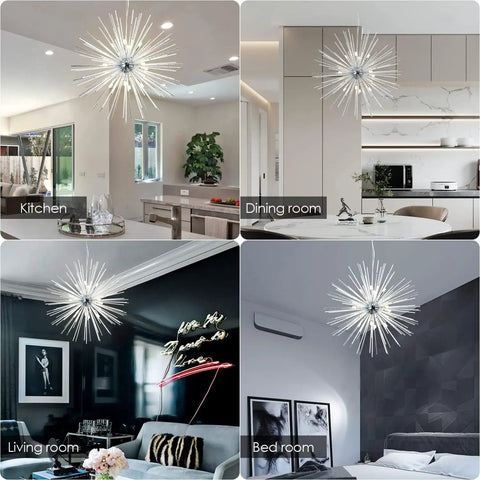 Sputnik Style 12-Light Chandelier In Polished Chrome Firework Design in living, dining, kitchen, and bedroom settings