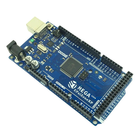 Arduino Mega 2560 R3 Compatible Board with ATmega2560 and ATmega16U2 USB Interface, showing digital I/O pins, ideal for Arduino IDE setup.