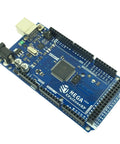 Mega 2560 R3 Arduino Board with ATmega2560 ATmega16U2 USB Serial, 5V operation, no USB cable included, blue circuit board close-up.