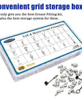 All-In-One SAE And Metric Grease Fittings Assortment Kit With Plastic Caps shown in storage case