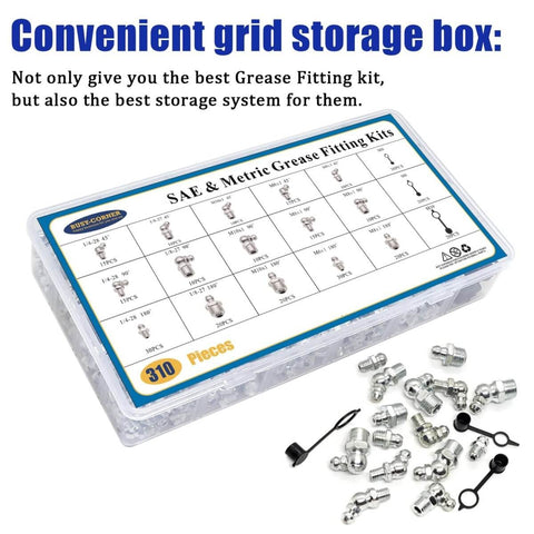 All-In-One SAE And Metric Grease Fittings Assortment Kit With Plastic Caps shown in storage case