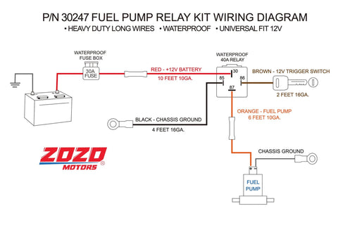 Wiring diagram for Electric Fuel Pump Relay Kit With Wiring Harness Bypass 40 Amp Waterproof Switch Heavy Duty Long Wires Universal Fit For 12V Systems Keeps Your Fuel Pump Voltage Steady And Pressure On Point Pn 30247