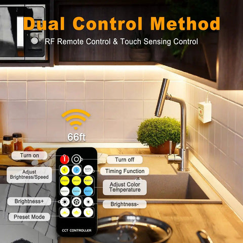 Under Cabinet Lighting Kit With Six Dimmable LED Lights, Touch And Remote Control in a kitchen setting over counter