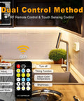 Under Cabinet LED Lighting Kit With 20 Foot Run, showing dual control method with RF remote and touch sensor in kitchen