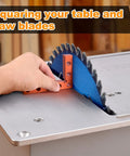 Hand using Mini Center Finder Tool 90 Degree Precision Machinist Square Quick Measuring Square For Woodworking on saw blade.