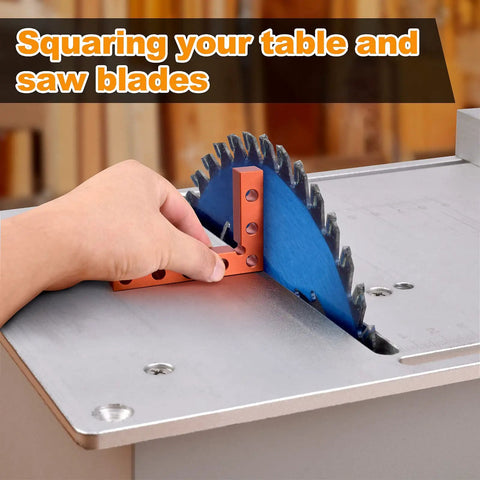 Hand using Mini Center Finder Tool 90 Degree Precision Machinist Square Quick Measuring Square For Woodworking on saw blade.