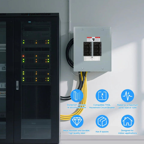 Eight Space 125 Amp Circuit Breaker Panel Load Center For Home And Small Biz Use 120V And 240V Electrical Distribution Box In Indoor NEMA 1 Steel Enclosure installed on wall.