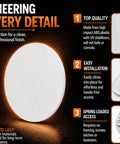 Round Spring Access Panel For Drywall And Ceiling, Hella Sturdy Abs Plastic Wall Hole Cover, No Sweat Snap Setup For Plumbing And Electrical Cables, Paint Ready White Design - 5 inch round access panel with installation details.