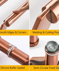 Close-up images of copper-colored handle showing smooth edges, welding process, silicone buffer gasket, and semi-circular fixed sleeve.