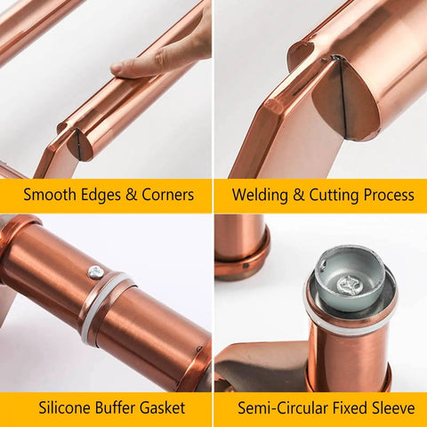 Close-up images of copper-colored handle showing smooth edges, welding process, silicone buffer gasket, and semi-circular fixed sleeve.