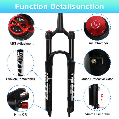 Ultralight 120mm Front Suspension Fork For 26 27.5 And 29 Inch Mountain Bikes One Eighth To One And A Half Inch Tapered Steerer 9mm Quick Release Manual Lockout Smooth Responsive Ride For XC And All Mountain with ABS adjustment, air chamber, and crash protective case.
