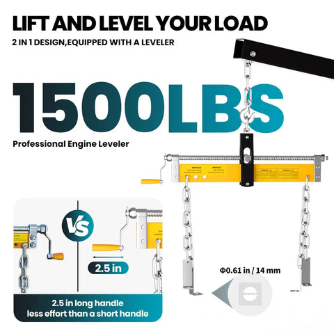 No Nonsense Heavy Duty Folding Engine Hoist Cherry Picker Featuring A Massive 59 Inch Boom And Rock Solid Hydraulic Lifting Gear. Professional engine leveler designed to lift 1500 lbs.