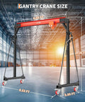 Gantry Crane With Manual Trolley 4400 Lbs Capacity 2 Ton Adjustable Height 8 To 12 Feet Portable Shop Crane Lift Hoist For Warehouse And Factory Includes Hooks And Shackles Beefy Built, in warehouse setting with size dimensions shown.