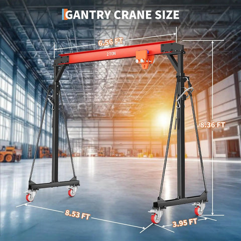 Gantry Crane With Manual Trolley 4400 Lbs Capacity 2 Ton Adjustable Height 8 To 12 Feet Portable Shop Crane Lift Hoist For Warehouse And Factory Includes Hooks And Shackles Beefy Built, in warehouse setting with size dimensions shown.