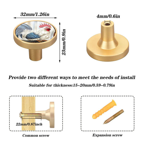 Rooster Themed Gold Cabinet Knobs 4 Pack Round Drawer Pulls For Cabinets Drawers And Dressers With Scratch Resistant Gold Print Dual Screws Durable Acrylic And Zinc Alloy Hardware