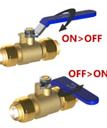 Two Pack One Half Inch Push Fit Full Port Brass Ball Valves For Hot And Cold Water With Disconnect Clip Water Stop Shut Off Red And Blue Handles No Fuss Quick Install showing blue handle ON and OFF positions.