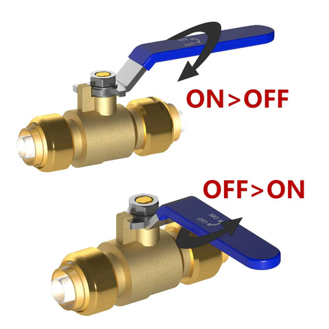Two Pack One Half Inch Push Fit Full Port Brass Ball Valves For Hot And Cold Water With Disconnect Clip Water Stop Shut Off Red And Blue Handles No Fuss Quick Install showing blue handle ON and OFF positions.