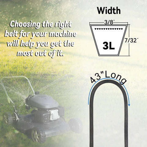 Diagram of Beefy Three-Eighths Inch By Forty-Three Inch Lawn Mower Drive Belt Replacement 532185476 185476 with lawn background