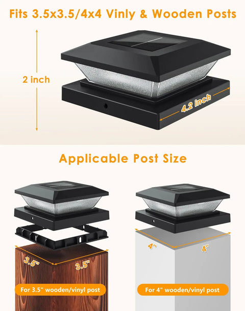 Super Sleek 4x4 Solar Post Cap Lights 12 Pack For Fences And Decks Weatherproof demonstrating fit for 3.5 and 4 inch wooden and vinyl posts.