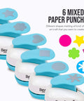Six Shapes 1 Inch Paper Punches for Crafting Scrapbooking and Card Making, showing six blue-handled punches with star, flower, and heart designs.